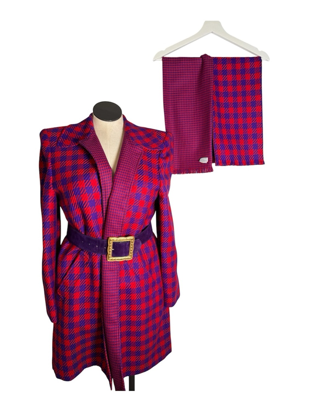 VTG Carlisle Bold Red & Purple hounds tooth wool Women's Coat with Belt size 14